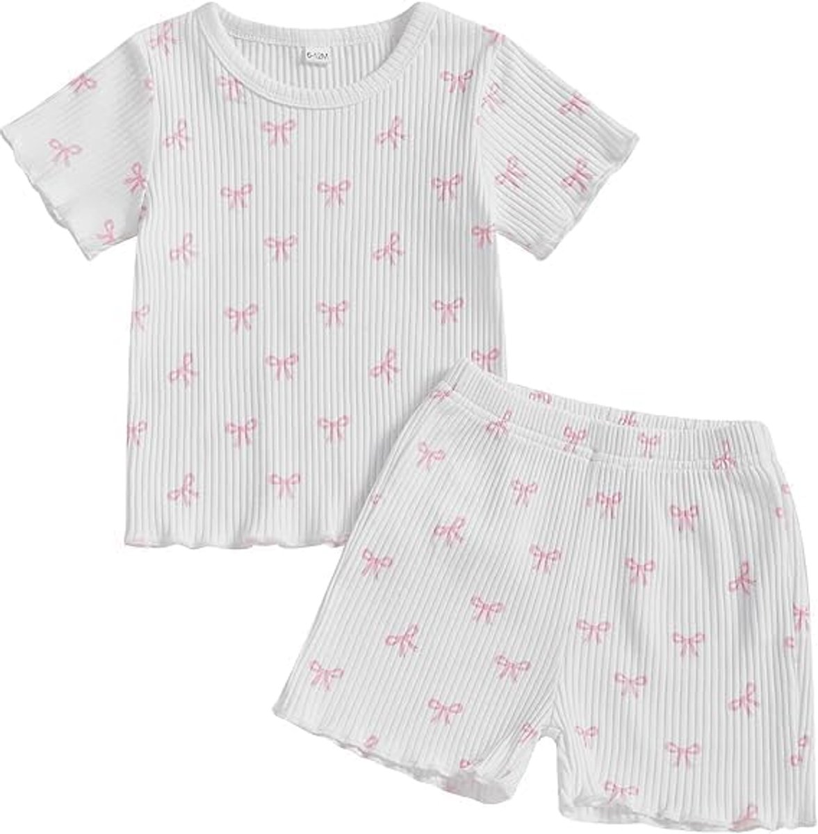 SnelShoppen - Peuter Baby Meisje Zomer Kleding Ruche Geribbelde Gebreide T-shirt en Shorts Outfit - Roze, Paars, Groen, Wit - Katoen en Spandex - Mate