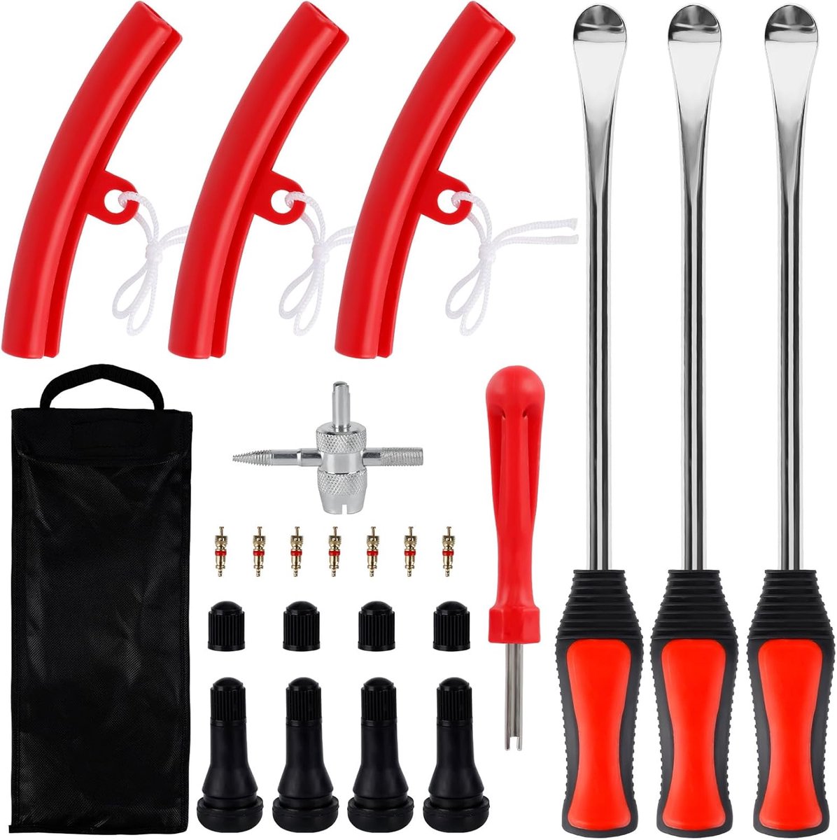 SnelShoppen - 24 stuks bandenmontagegereedschap voor motorfiets, fiets, e-scooter en auto - Inclusief 3 velgenbeschermers, opbergtas, multifunctionele