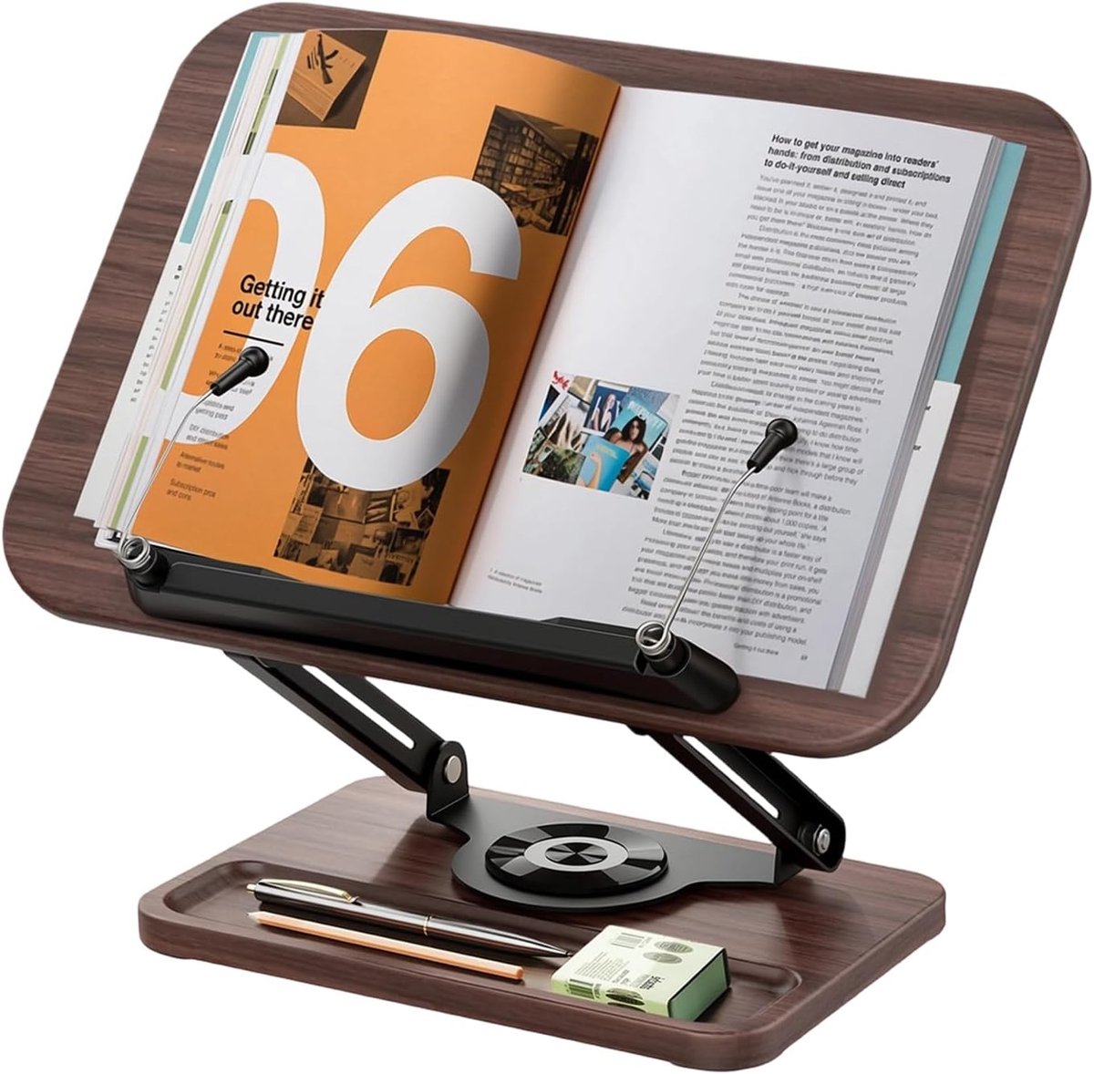 SnelShoppen - Boekstandaard voor Lezen - 360° Rotatie Houten Basis met Pennenhouder - Bruin - Ideaal voor Thuis, Bibliotheek, Studeren, en Reis