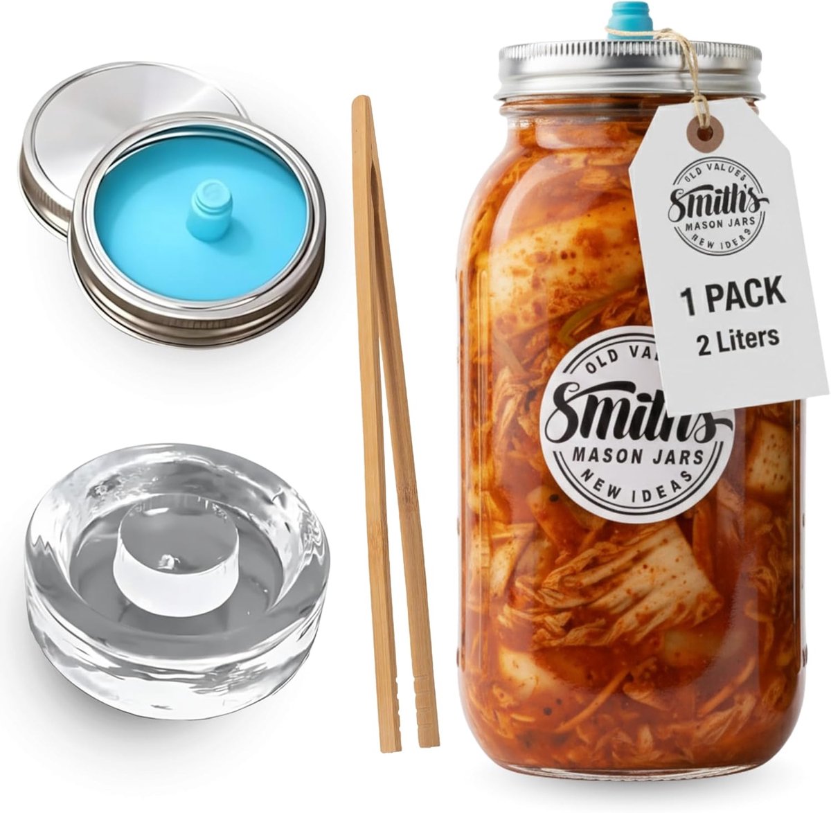 SnelShoppen - 1-Pack 2L Fermentatie Glazen Potten met Houten Clip, Gewichten en 2 Lids - Perfect voor Overnight Oats, Kimchi, Pickles en Snacks Opslaa