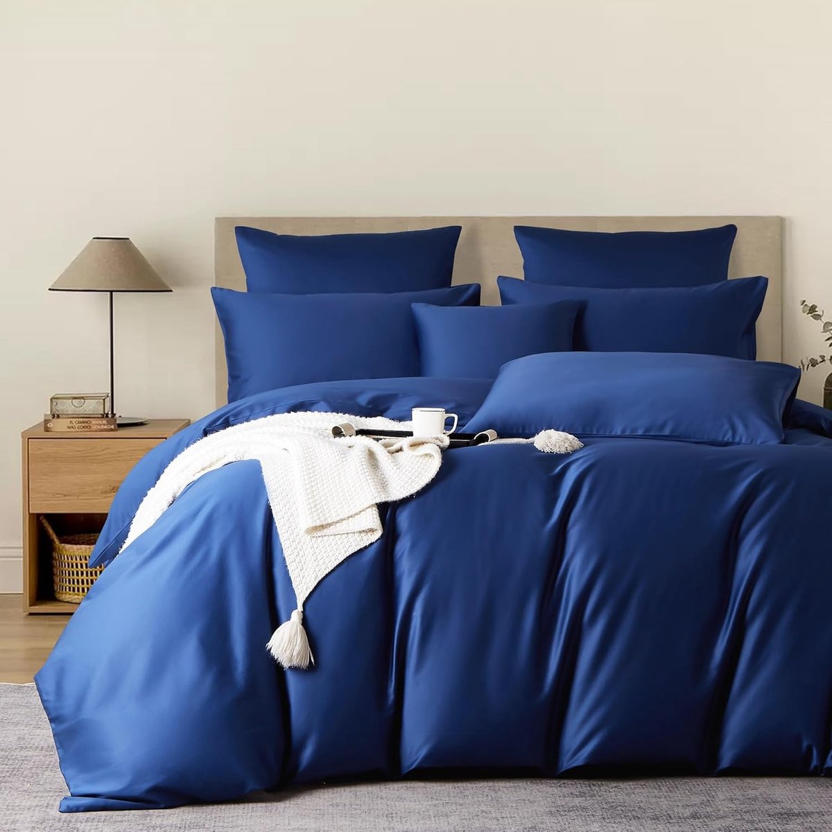 SnelShoppen - Satin Beddegoed 200 x 220 cm Blauw 100% Katoen Mako Satin Koel en Ademend Duvet Dekbedovertrek 3-Delig met Rits en 2 Kussenslopen
