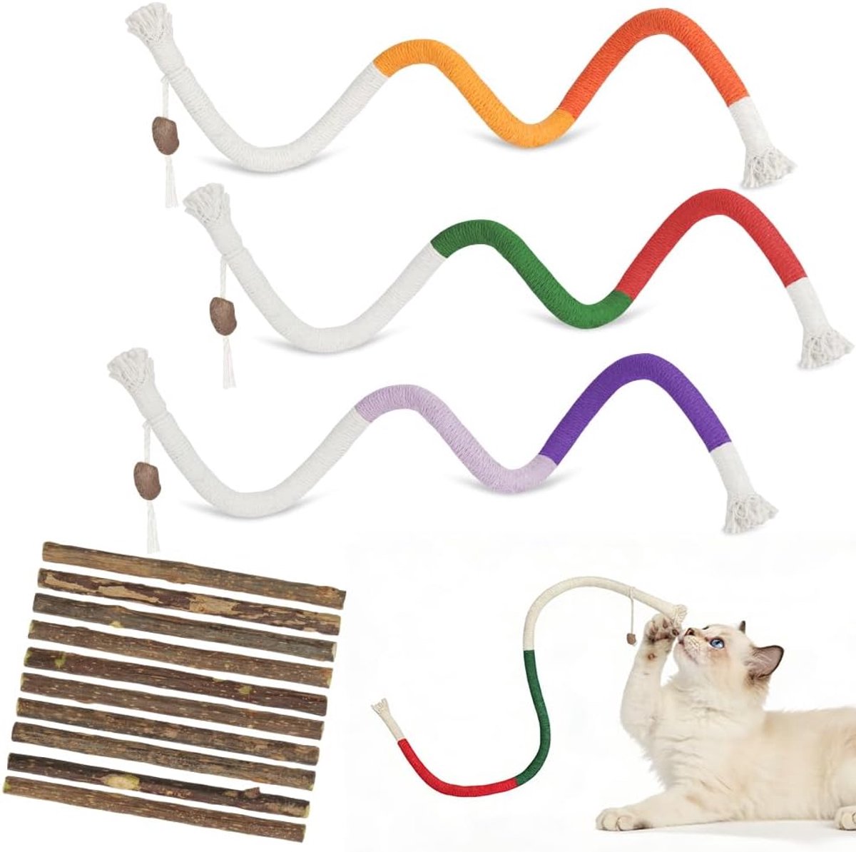 SnelShoppen - 13 Stuks Katten Speelgoed, Natuurlijke Katnip Sticks met Matatabi en Kleurrijke Veertjes, Interactief Tandreiniging Speelgoed voor Stres