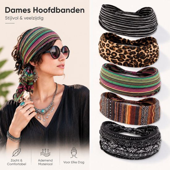 Dames hoofdbanden in diverse prints: zwart met strepen, luipaardprint, kleurrijke strepen, etnisch patroon, en paisley.