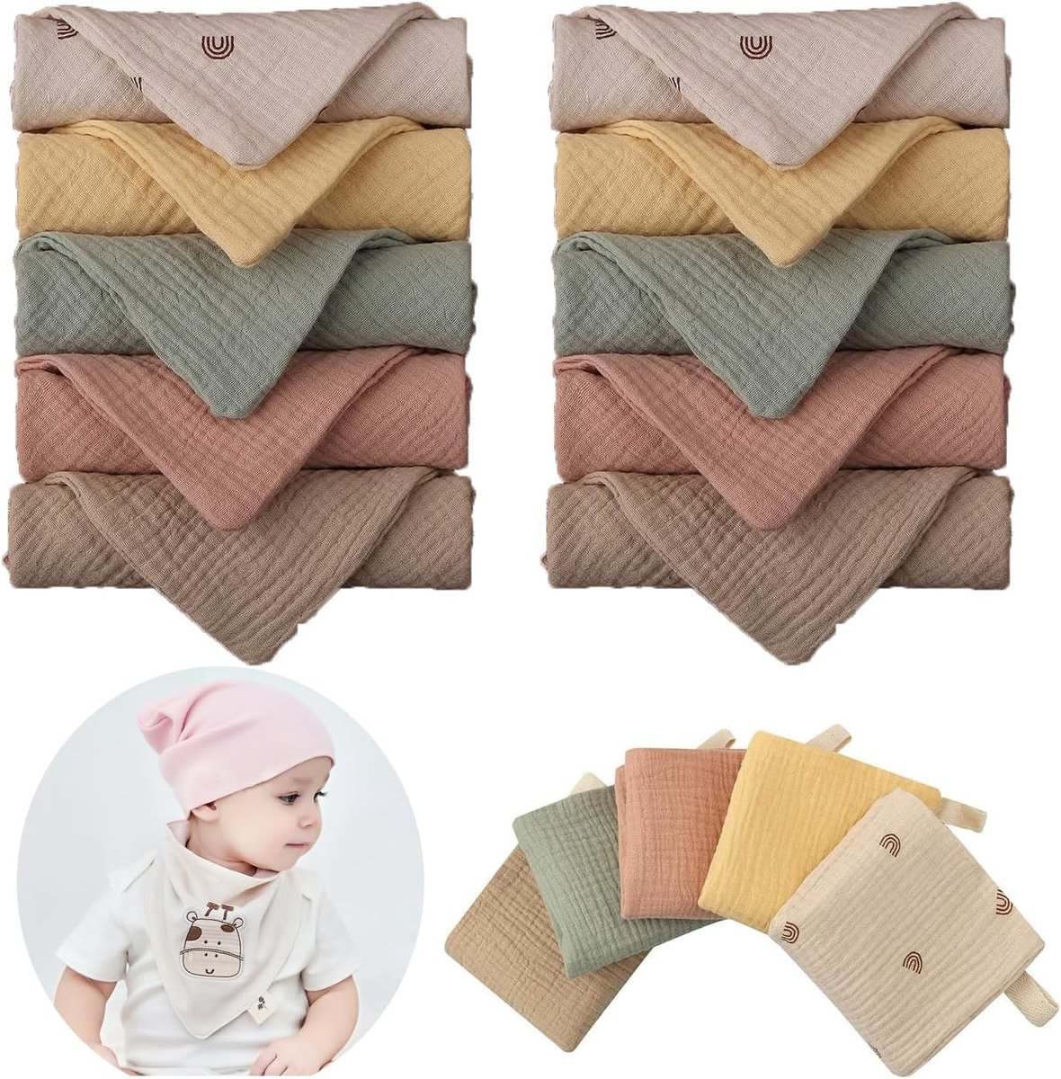 SnelShoppen - Pack van 10 Chiffon Baby Washandjes 23 x 23 cm - Zachte Gezichtsdoekjes voor Pasgeborenen - Natuurlijke Katoen - Ideaal voor Babyverzorg