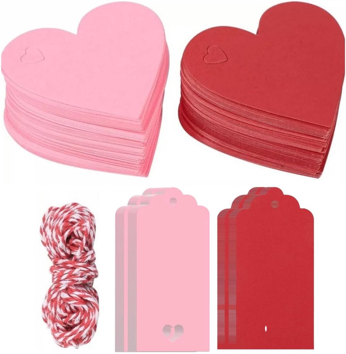 SnelShoppen - 200 Hartvormige Kraftpapieren Hangers Roze en Rood - Cadeauhangers met Katoenen Koord 20m voor Feest, Verjaardag, Valentijnsdag, Kerstmi