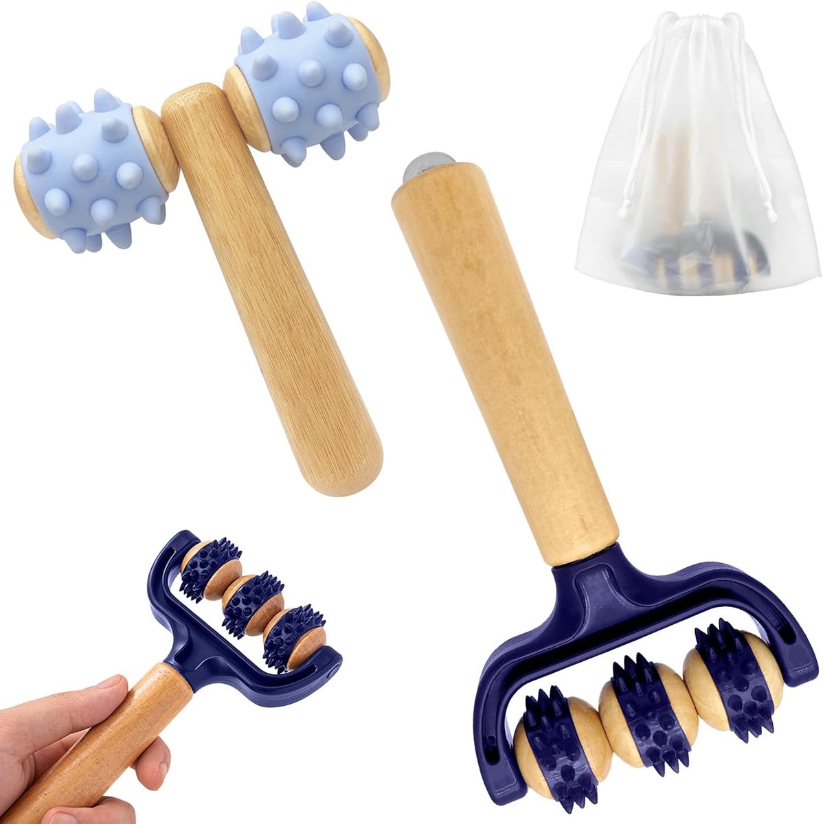 SnelShoppen - Massage Roller Set 2 Stuks Houten Massageroller met Handvat voor Zelfmassage, PVC en Hout, Ideaal voor Rug, Nek, Schouders, Voeten, Bene