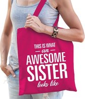 Katoenen kadotas This is what an awesome sister looks like fuchsia roze -  cadeautas voor zusjes