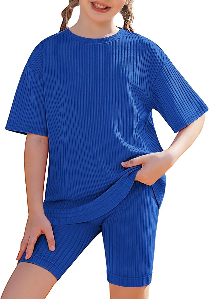 SnelShoppen - 2-Delige Meisjes Kleding Set, Zomer Outfit T-Shirt en Korte Mouwen, Ribbed Shorts, Casual Kinderen Kleding 5-13 Jaar, Ademend en Rekbaar