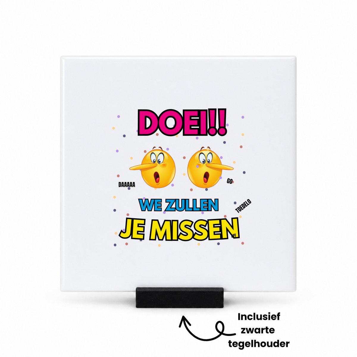 Hacebo Doei emoji tegeltje met tegelhouder - Afscheid bedank cadeau - een collega - tegeltjes met tekst - werk - afscheidscadeau - verjaardagscadeau - spreuktegels - 10.8x10.8 CM Wit