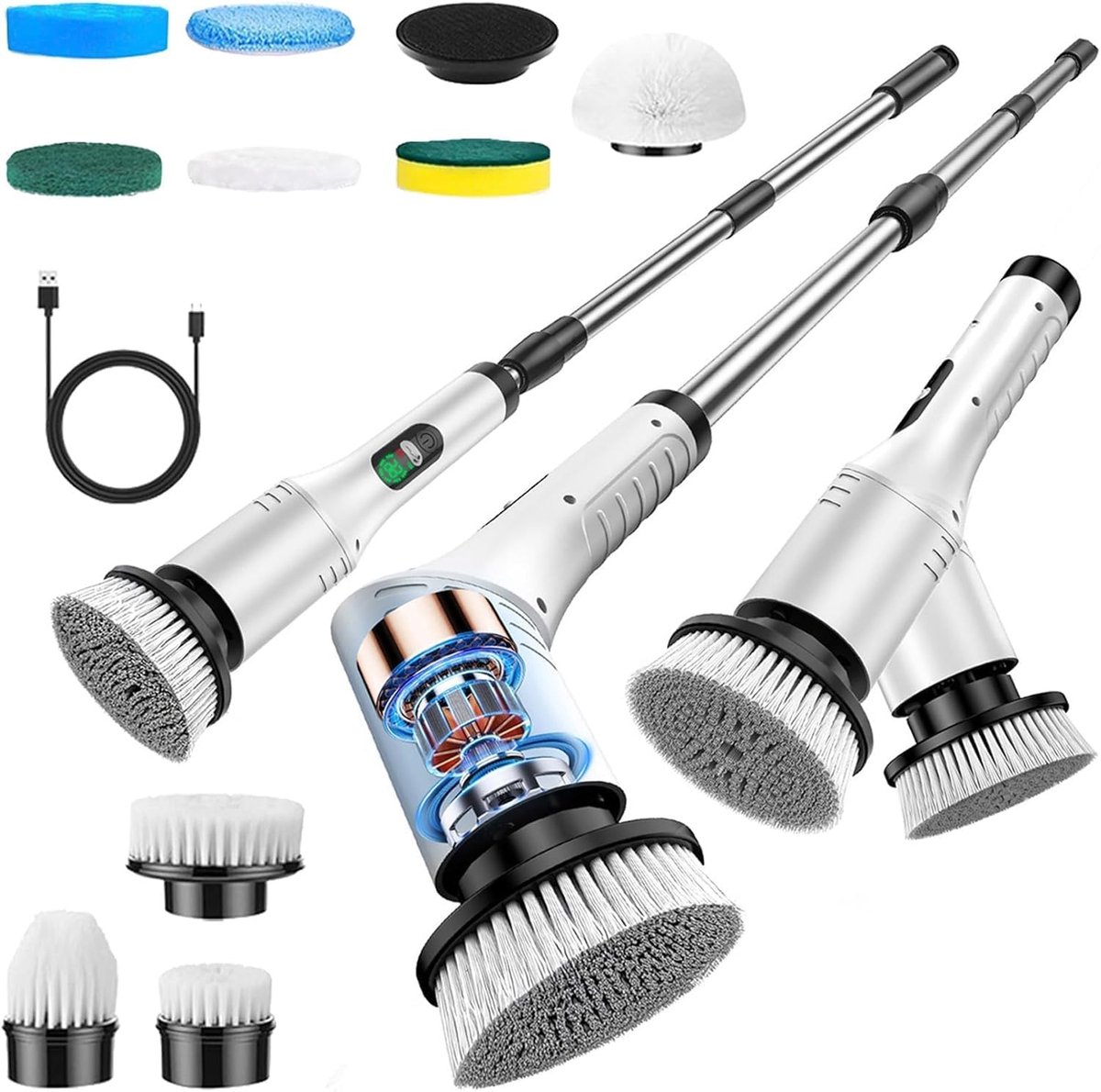 SnelShoppen - Cleaning Brush 9-in-1 Rotating Scrubber met Telescopische Handgreep, 450 rpm, IPX7 Waterdicht voor Badkamer, Keuken, Auto en Terras
