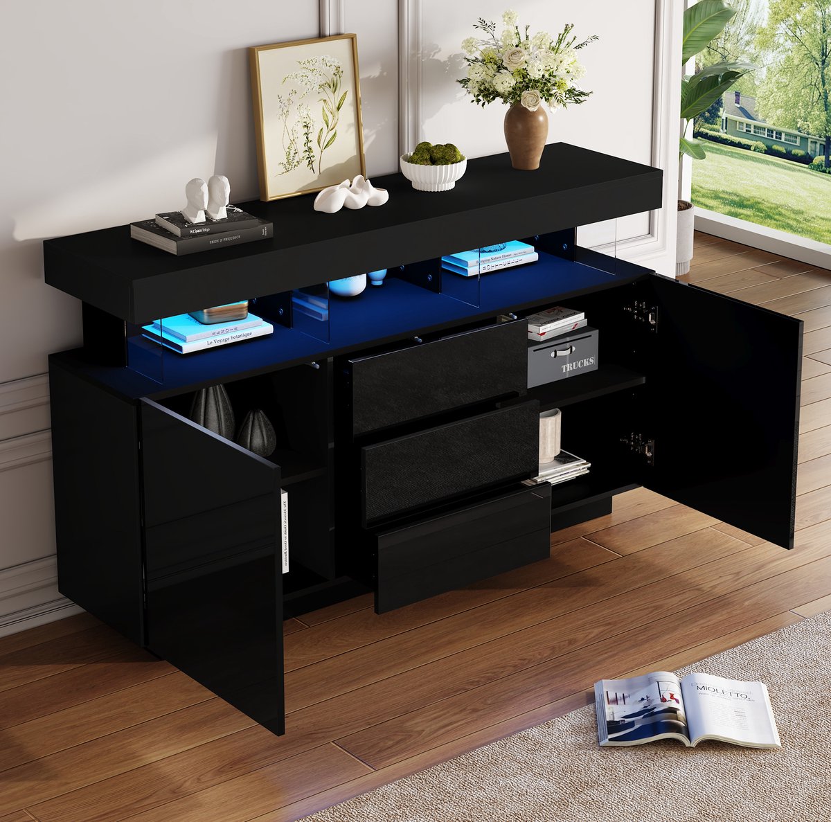 Wishdor - Dressoir - hoogglans opbergkast met 3 lades en LED - modern - voor woonkamer of eetkamer - acryl en houtlook - zwart - 140 x 35 x 80 cm