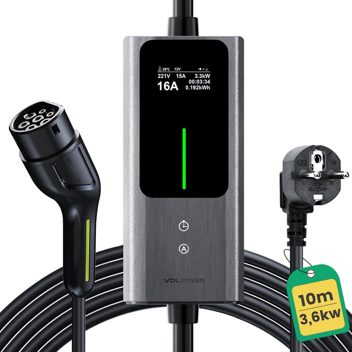 SnelShoppen - Type 2 Oplaadkabel Schuko 3.68 kW | 6-16 A | 10 m | 1-Fase EV Charger met Digitaal Scherm | IP65 Waterdicht | Geschikt voor Elektrische