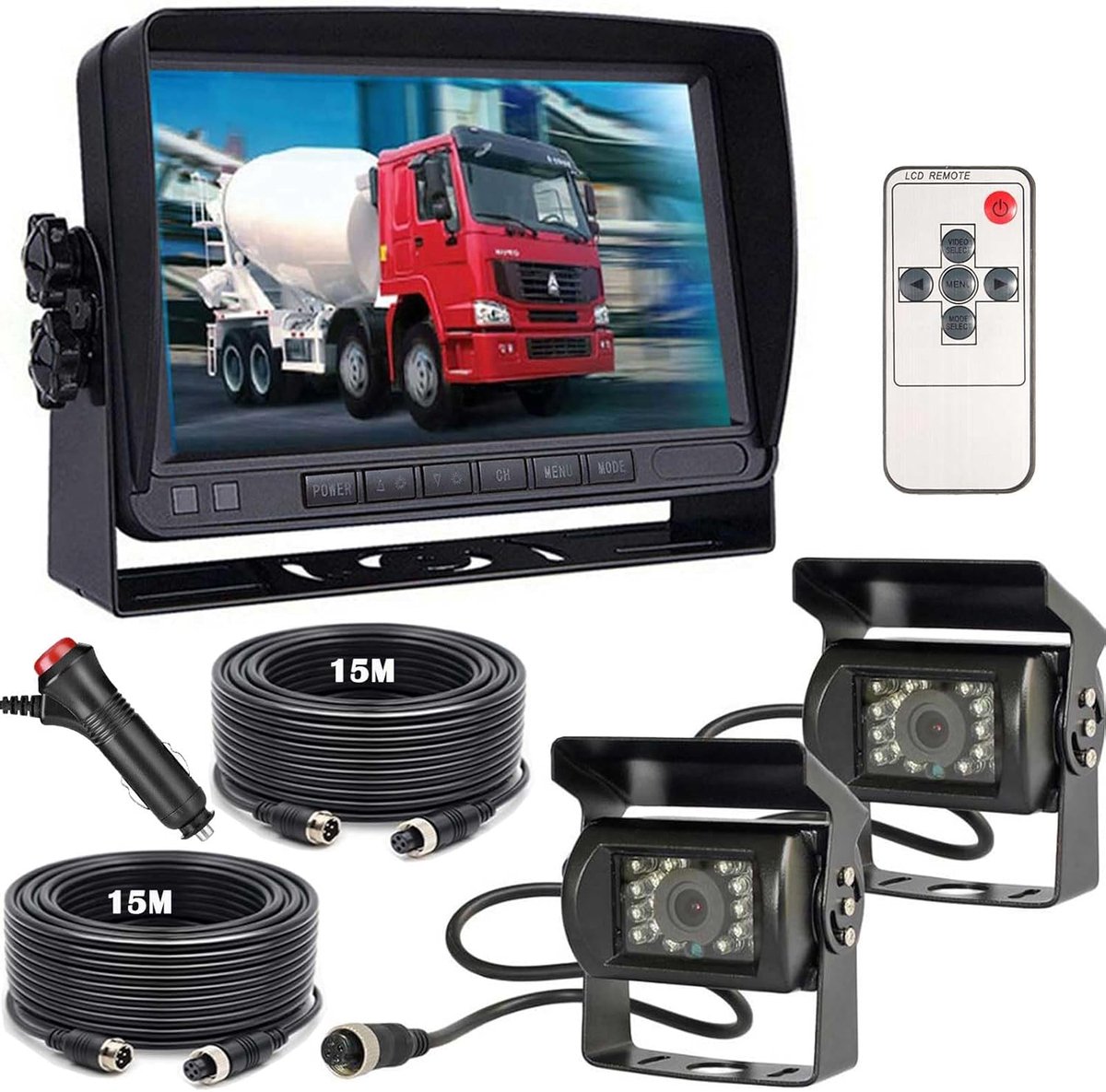 SnelShoppen - 12V-24V 4 Pin Achteruitrijcamera Systeem voor Motorhome, Caravan, Truck en Bus - 7" TFT LCD HD Monitor met 2 Nachtzicht LED's en Waterdi