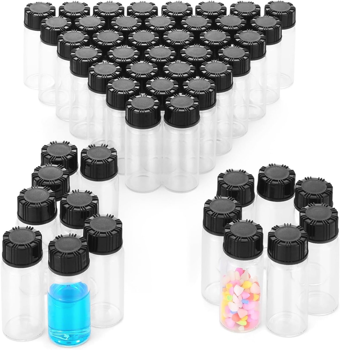 SnelShoppen - 50 Stuks 10ml Duidelijke Glas Vials - Kleine Vloeistof Monster Flesjes met Zwarte Schroefdop - Borosilicaat Glas - Compact en Lekvrij vo