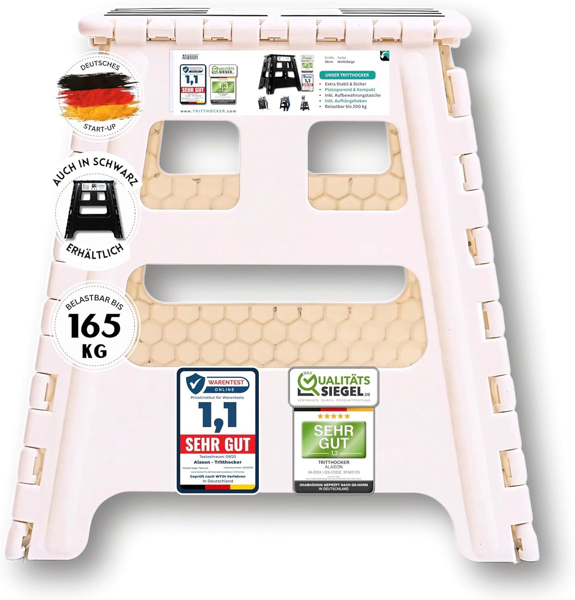 SnelShoppen - Opvouwbare Tritthocker 32 cm - Max. 165 kg - Lichtgewicht Stoel met Hanghaak & Opbergtas - Ruimtebesparende Vouwkruk in Wit/Beige voor K