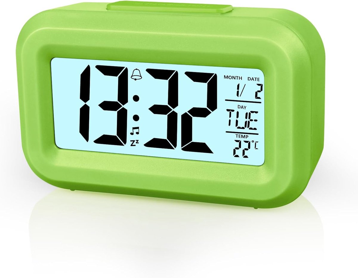 SnelShoppen - Digitale Wecker met LCD Display, Snooze Functie, 12/24 Uur, Datum en Temperatuurweergave, Timer, Batterij Aangedreven, Groene Tafelklok