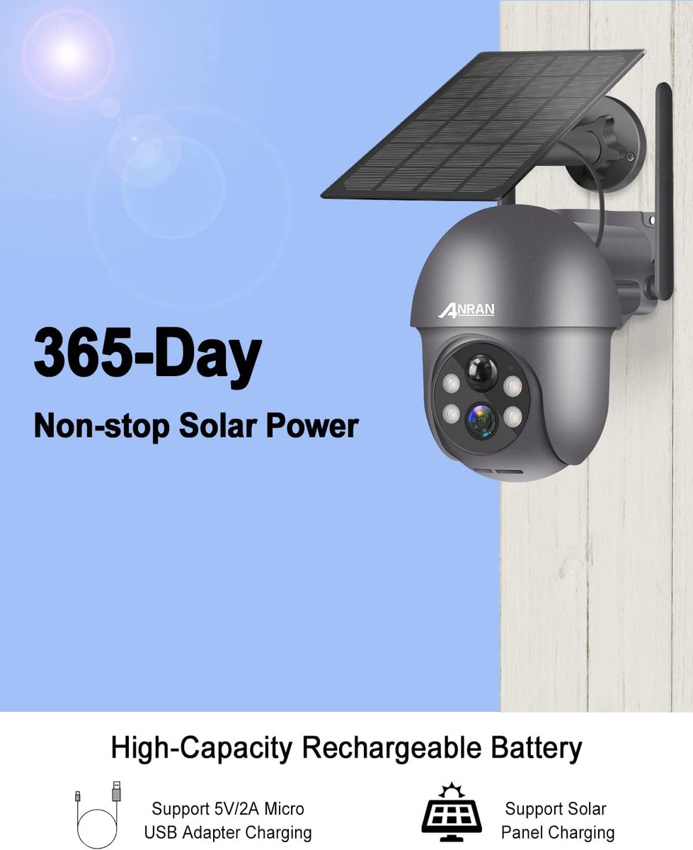 SnelShoppen - 2K Outdoor Beveiligingscamera Batterij WiFi, 360 Graden Draaibare Draadloze Camera met Zonnepaneel, PIR Bewegingssensor met Schijnwerper