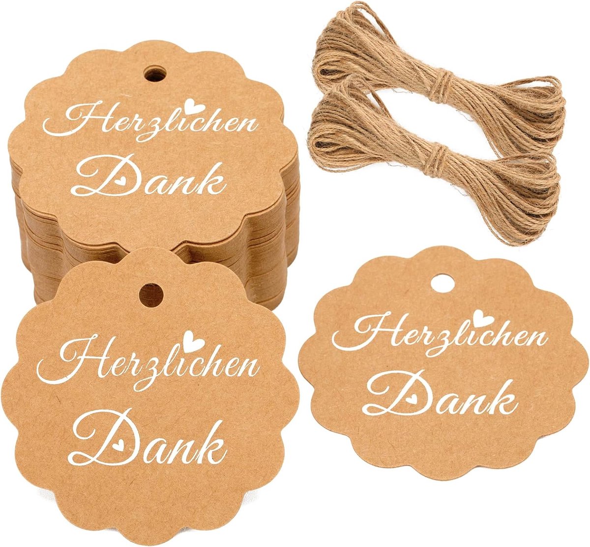 SnelShoppen - 100 Stuks Kraft Papieren Labels 6cm Rond - Bedankjes voor Bruiloft, Cadeaus, DIY Projecten - Jute Touw Inclusief - Bruin
