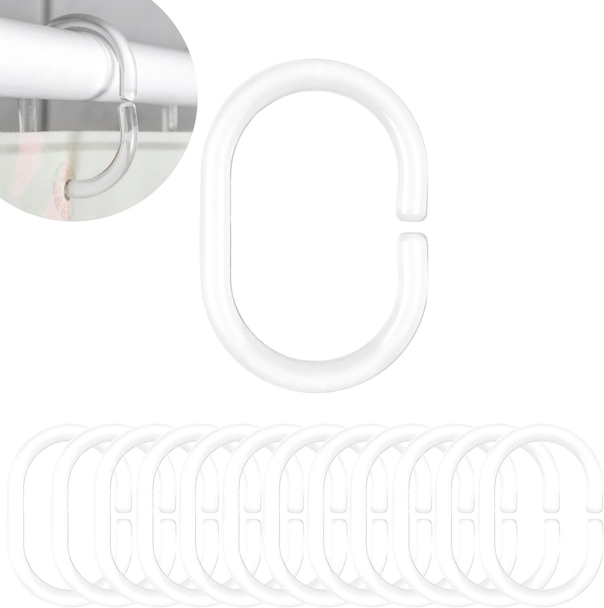 SnelShoppen - 12 Transparante Douchegordijnringen C-vorm voor Douchegordijnstangen, Ø 46 x 29 mm, Geschikt voor Stangen tot 4 cm, Ideaal voor Badkamer
