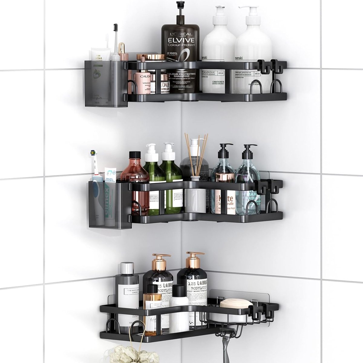 SnelShoppen - Corner Shower Caddy - Doucheplank Zonder Boren - Badkamer Accessoire met Zeep Houder en 18 Haken - Badkamer Opberg Rek - Robuust en Roes