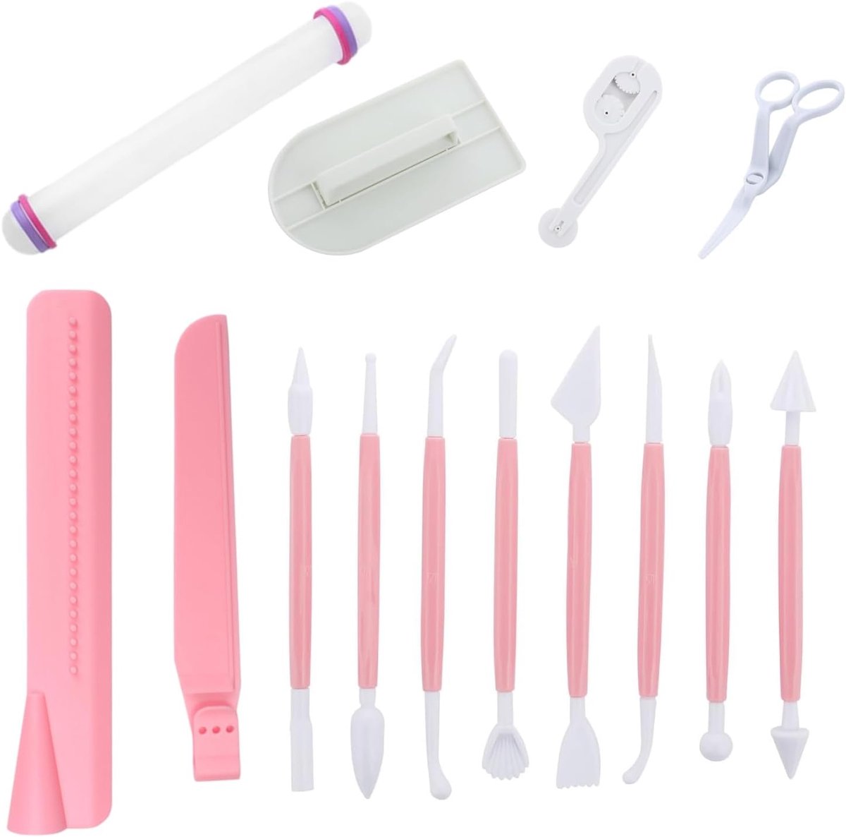 SnelShoppen - 13-delige Fondant Decoratie Set met Verstelbare Cake Scraper, Taart Straightener, Rolling Pin, Bloemenschaar, Koekjesvormen voor Cake Sc