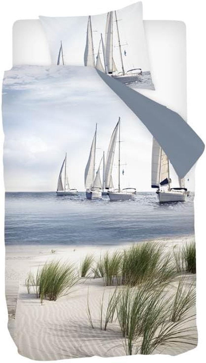 SnelShoppen - Duvet cover enkel 140x200/220 cm - Snoozing Dunes - Katoen-satijn - 1 kussensloop 60x70 cm - Natuurmotief - Blauw - Bedlinnen voor slaap
