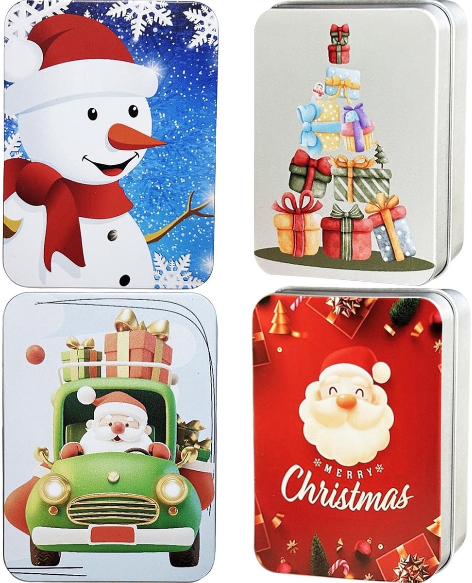SnelShoppen - Set van 4 Kleine Kerst Koektins - Metalen Koektins met Deksel - Kleurrijke Rectangulaire Kerstverpakking voor Bakproducten en Cadeaus