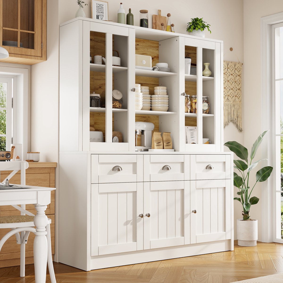 Wishdor - Keukenkast - Hoge vitrinekast met lades en verstelbare planken - Modern minimalistisch - Keuken en eetkamer - Houtlook met acryl deuren - Wit - 140 x 38,5 x 175 cm
