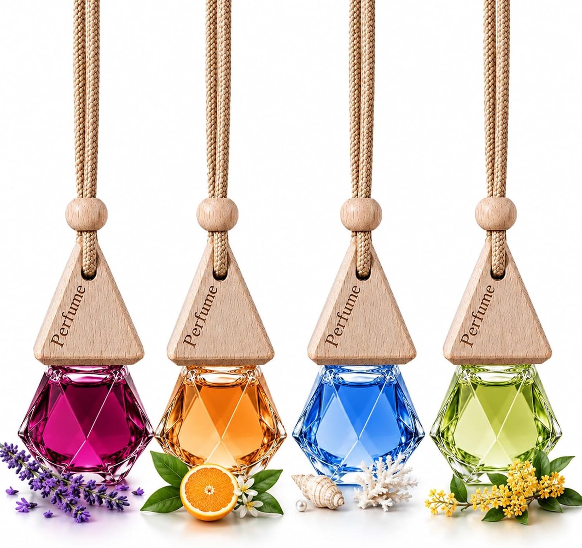 SnelShoppen - Hangende Etherische Olie Luchtverfrissers 4 Stuks - Luxe Autogeur Diffuser - Alcoholvrij Glas - Langdurige Geurverfrisser voor Auto en T