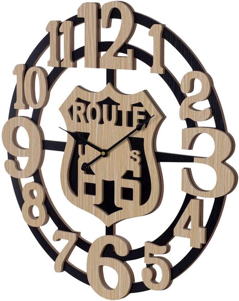 SnelShoppen - XL Grote 60 Cm. Ronde Houten Wandklok ROUTE 66 - Retro Vintage Wandklok USA - Perfect voor Mancave, Keuken of Woonkamer