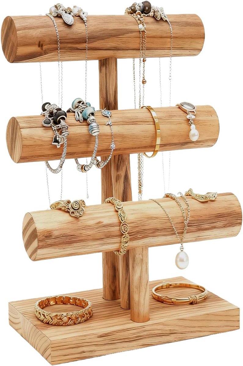 SnelShoppen - 3 Laags T-Vormige Houten Armbandhouder, Vintage Sieraadstandaard, Verwijderbare Horlogehouder, Houten Sieradenorganizer voor Armbanden,