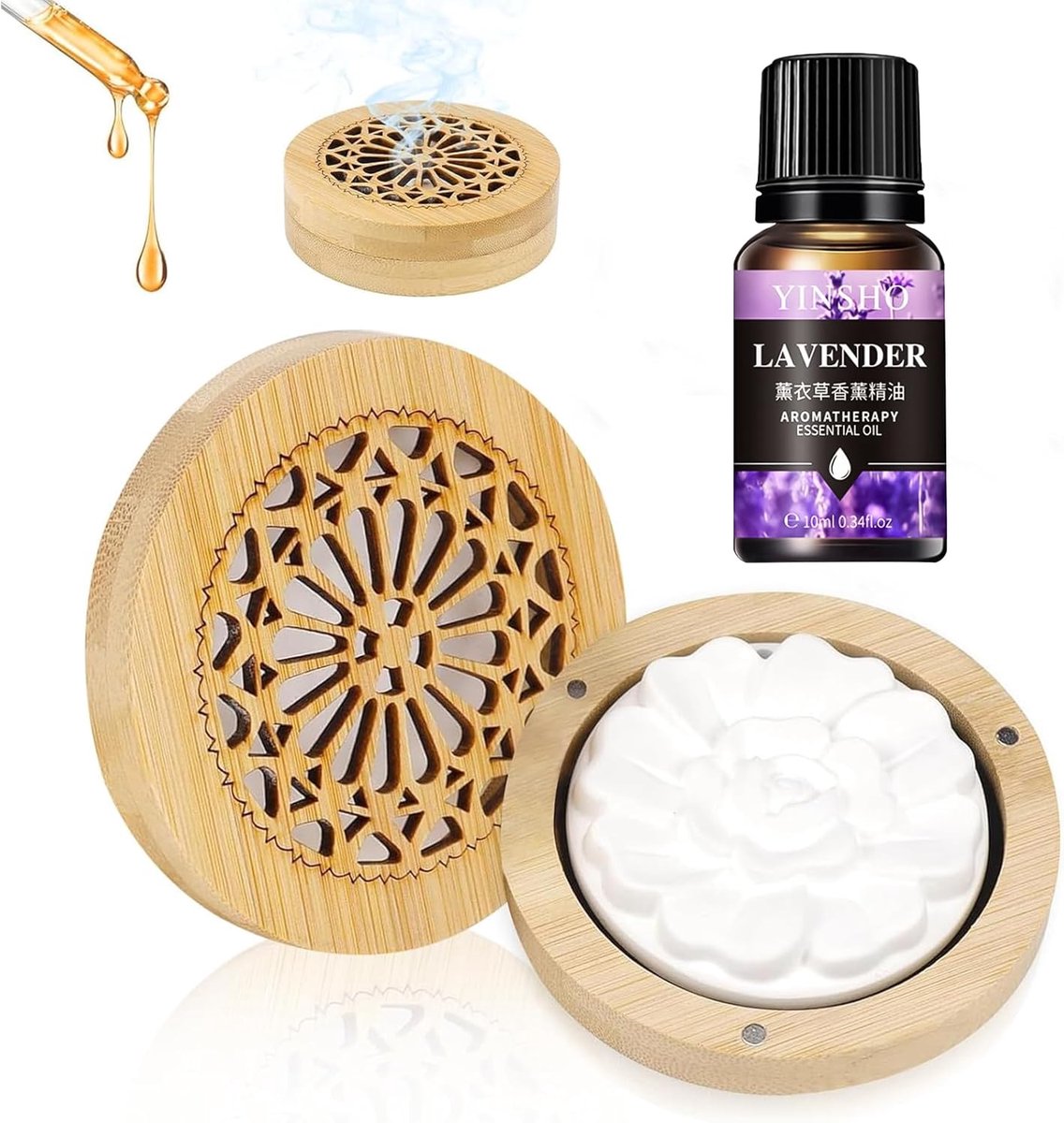 SnelShoppen - Essential Oil Diffuser Stone met Houten Geurdoos + Lavendel Essentiële Olie - Diffuser voor Kantoor, Woonkamer, Badkamer, Slaapkamer