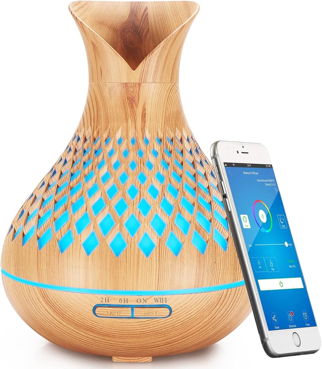 SnelShoppen - Smart Aroma Diffuser voor Essentiële Olie, 500 ml, WiFi, Alexa & Google Home Compatibel, Humidifier met 7 Kleuren LEDs, Timer en App Bes