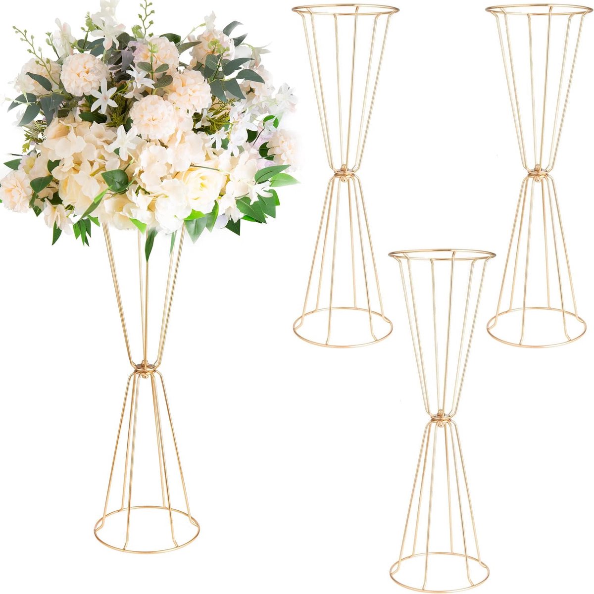 SnelShoppen - Gold Vazen Set van 4 - 60cm Hoge Geometrische Metal Trumpet Vazen voor Bruiloften, Feesten en Tafel Decoraties - Elegante Bloem Stands v