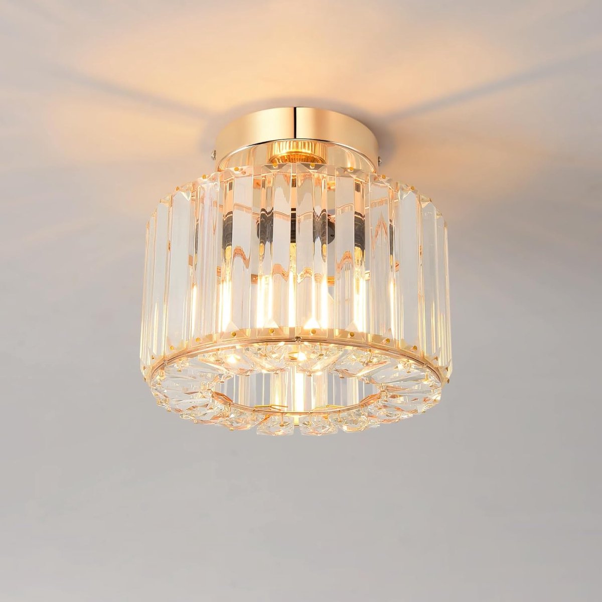 SnelShoppen - Moderne Kristallen Plafondlamp Goud E27 21 cm LED Hanglamp Rond Glas Lampenkap Voor Woonkamer Slaapkamer Keuken Hal Badkamer