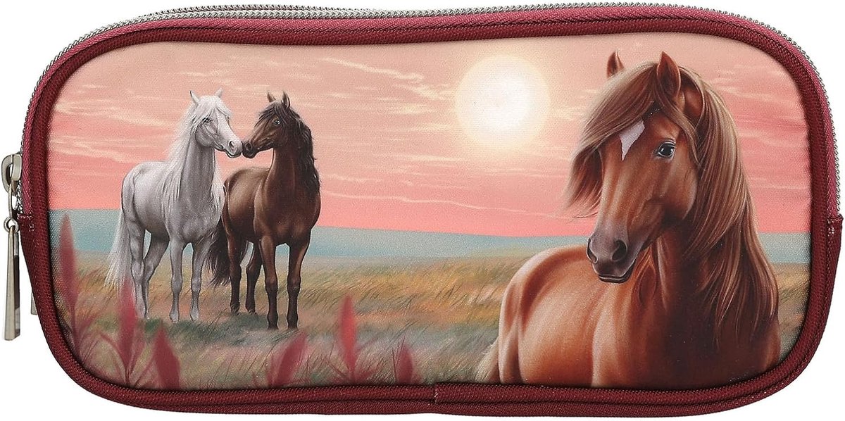 SnelShoppen - Etui Paardenmotief Bessenkleuren - Ruim Etui met Ritssluiting en Netzakje voor Schoolbenodigdheden - Perfect voor Kinderen en Creatieve