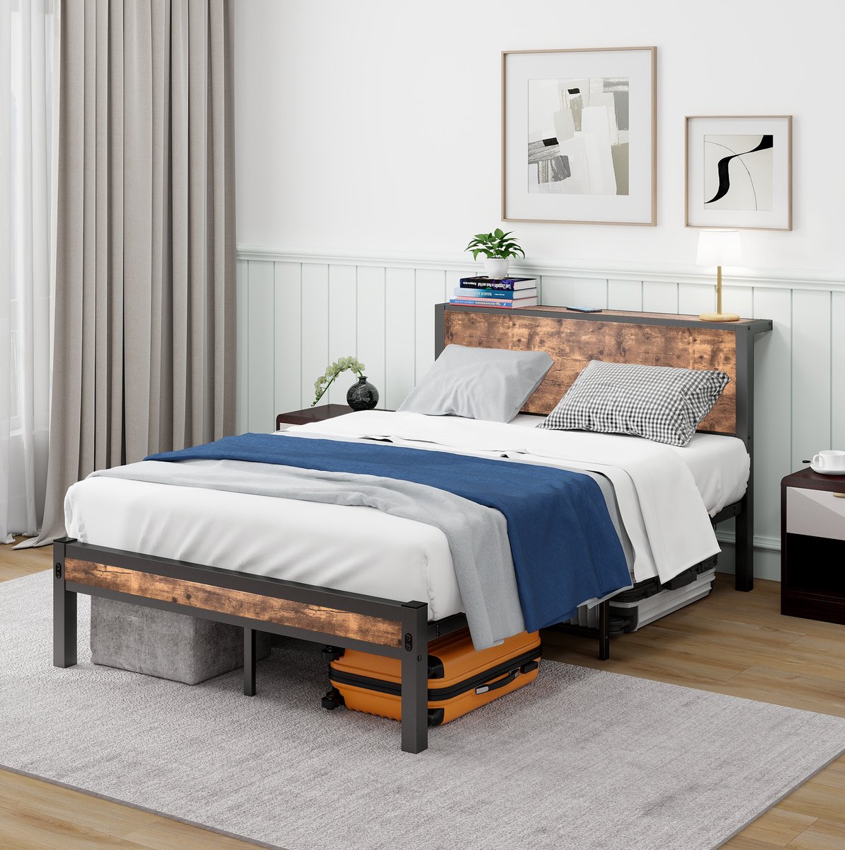 OKWISH Bed 120x200 cm - Met Opberghoofdbord - Metalen Bedframe Met Lattenbodem - Opbergruimte Onder Het Bed - Antiekbruin - Zonder Matras
