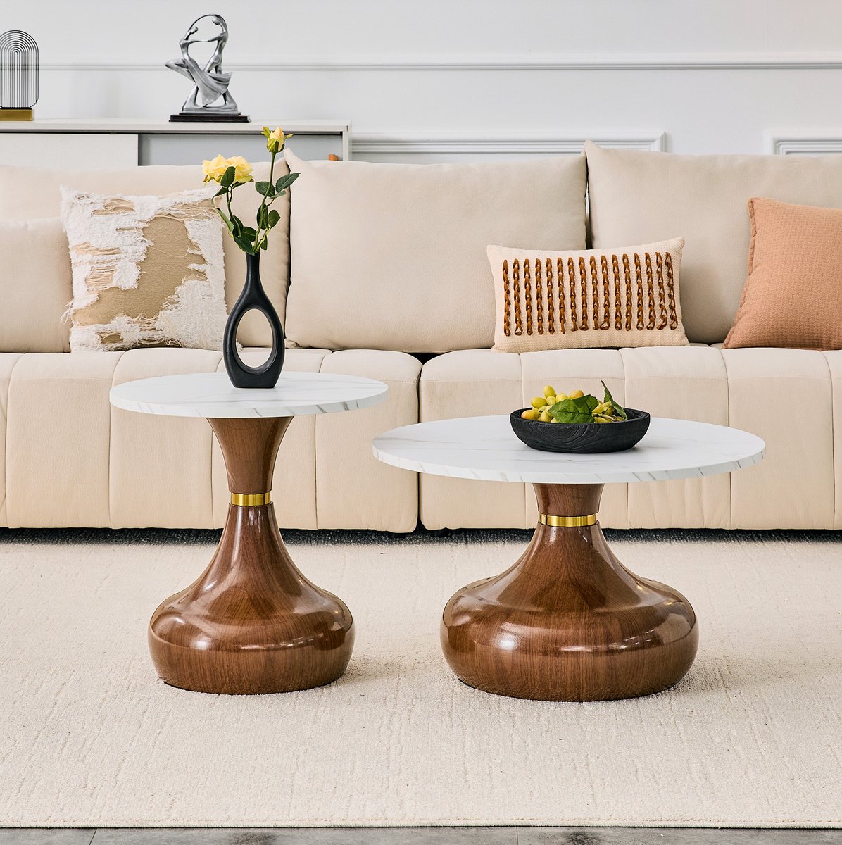 2-delige Set Ronde Salontafels – Marmerlook – Stapelbaar – Voor Woonkamer, Slaapkamer En Kantoor – Metaal Wit/Walnoot – Ø70/50 cm