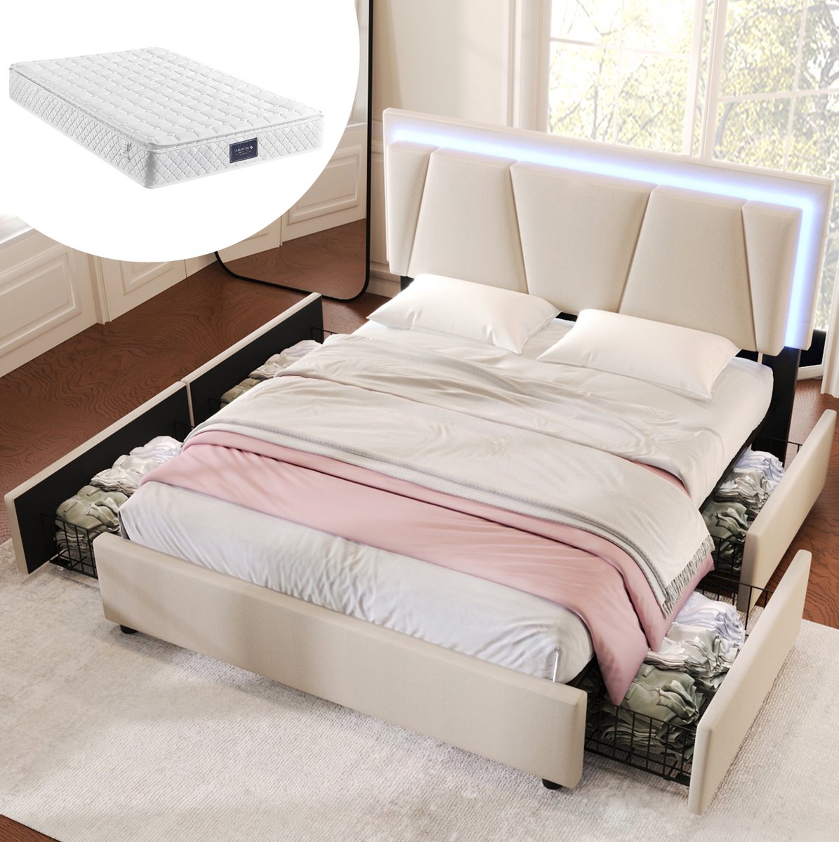 STILVORA Gestoffeerd Bed 160x200 cm – Tweepersoonsbed Met LED-Verlichting & Verstelbaar Hoofdeinde – 4 Laden – Met Matras – Stof – Beige