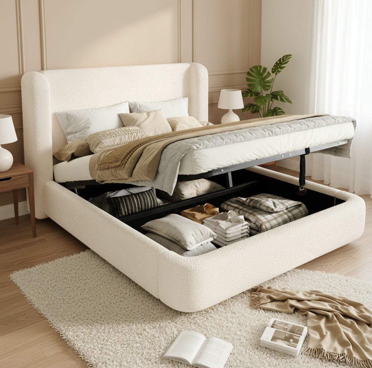 STILVORA Gestoffeerd Bed 180x200 cm – Tweepersoonsbed Met Hydraulische Opbergruimte – Inclusief Lattenbodem – Zonder Matras – Boucle Beige