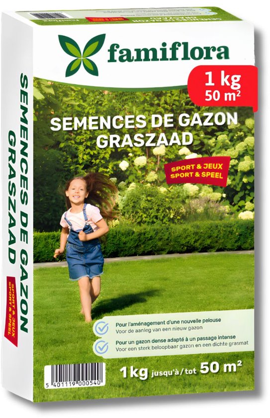 Verpakking Famiflora graszaden met rennend meisje op gazon. 1kg tot 50m², sport en spel, voor nieuw, sterk gazon.