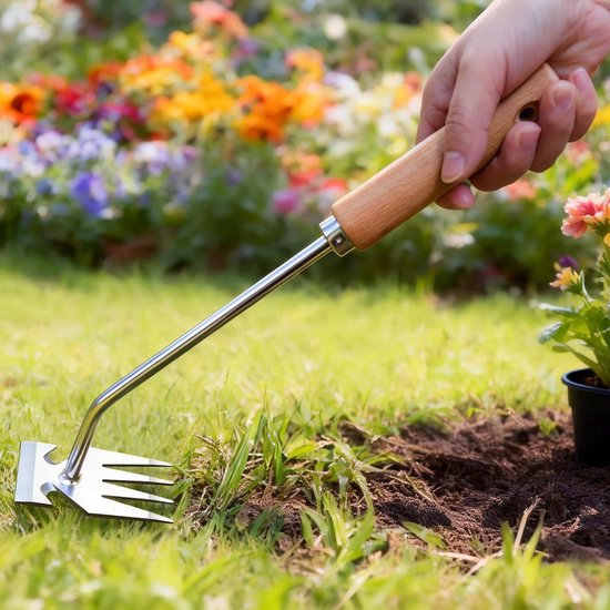 SnelShoppen - RVS Onkruidbestrijdingsgereedschap met Houten Handvat, Robuuste Tuinhark voor Onkruidverwijdering en Grondverwijdering, Ideale Tuin Tool van Snelshoppen — afbeelding 4