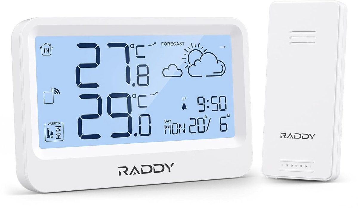 Thijox - WF-60 Digitaal Weerstation met Weersvoorspelling, Binnen Buiten Thermometer, Temperatuurmonitor met Vorstalarm, Wekker, Batterij Aangedreven