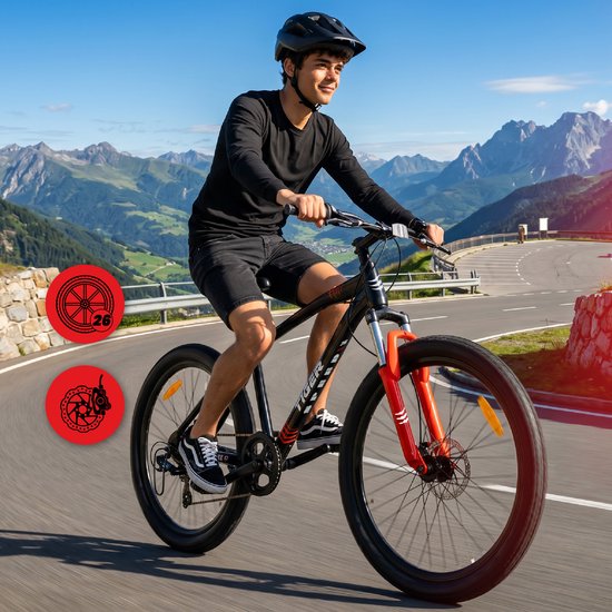 SUN BABY TIGER BIKE Mountainbike 26", MTB-fiets voor jongens en mannen, jeugd fiets 26 inch - stalen frame, 21 versnellingen, schijfremmen, vering - Zwart-Rood van Sun Baby — afbeelding 4