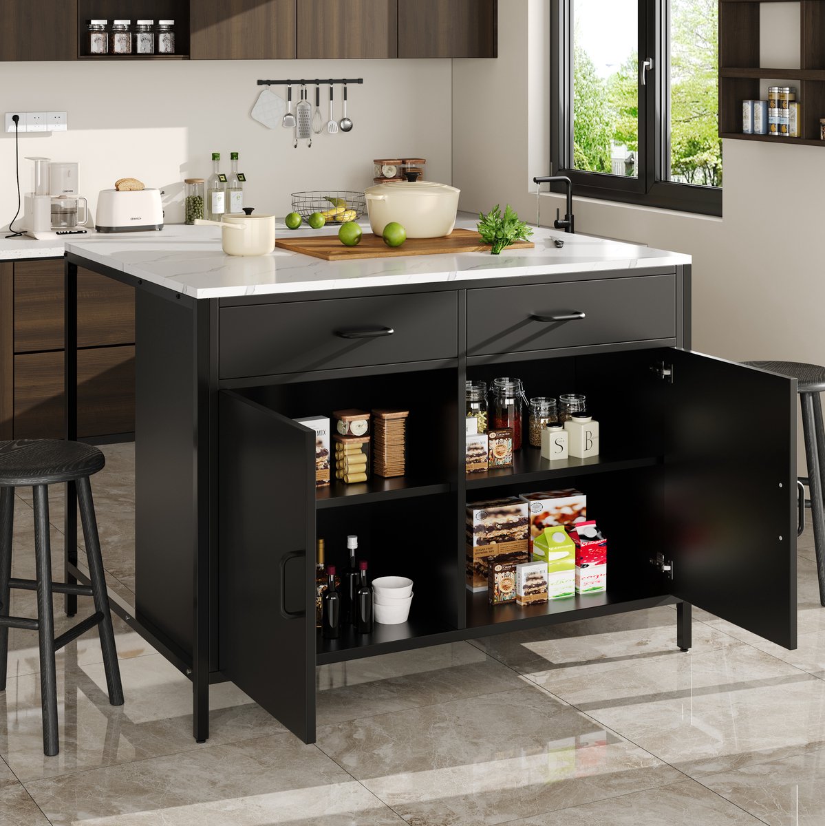 COVREO Bartafel 100 x 90 x 90 cm - zwart, marmerlook fineer blad, 2 lades en opbergkast