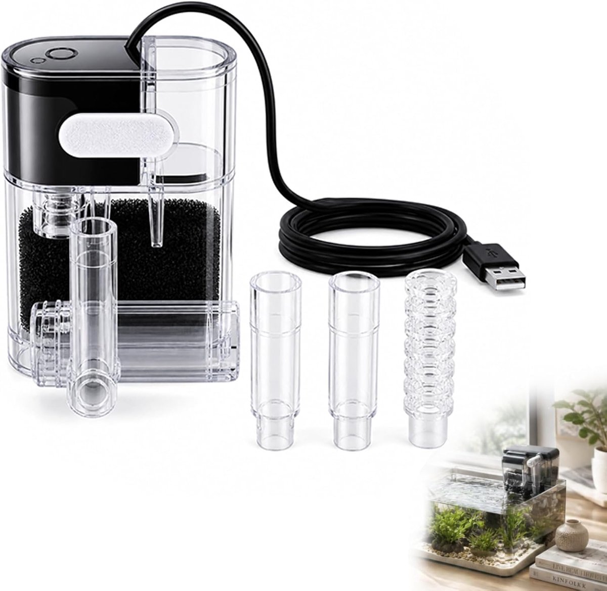 Thijox - Ultraslank en Stil Aquarium HOB Buitenfilter voor Nano- en Pico-Aquaria tot 20L - Instelbare Waterstroom, 160 LPH Vermogen, 3W Energiezuinig