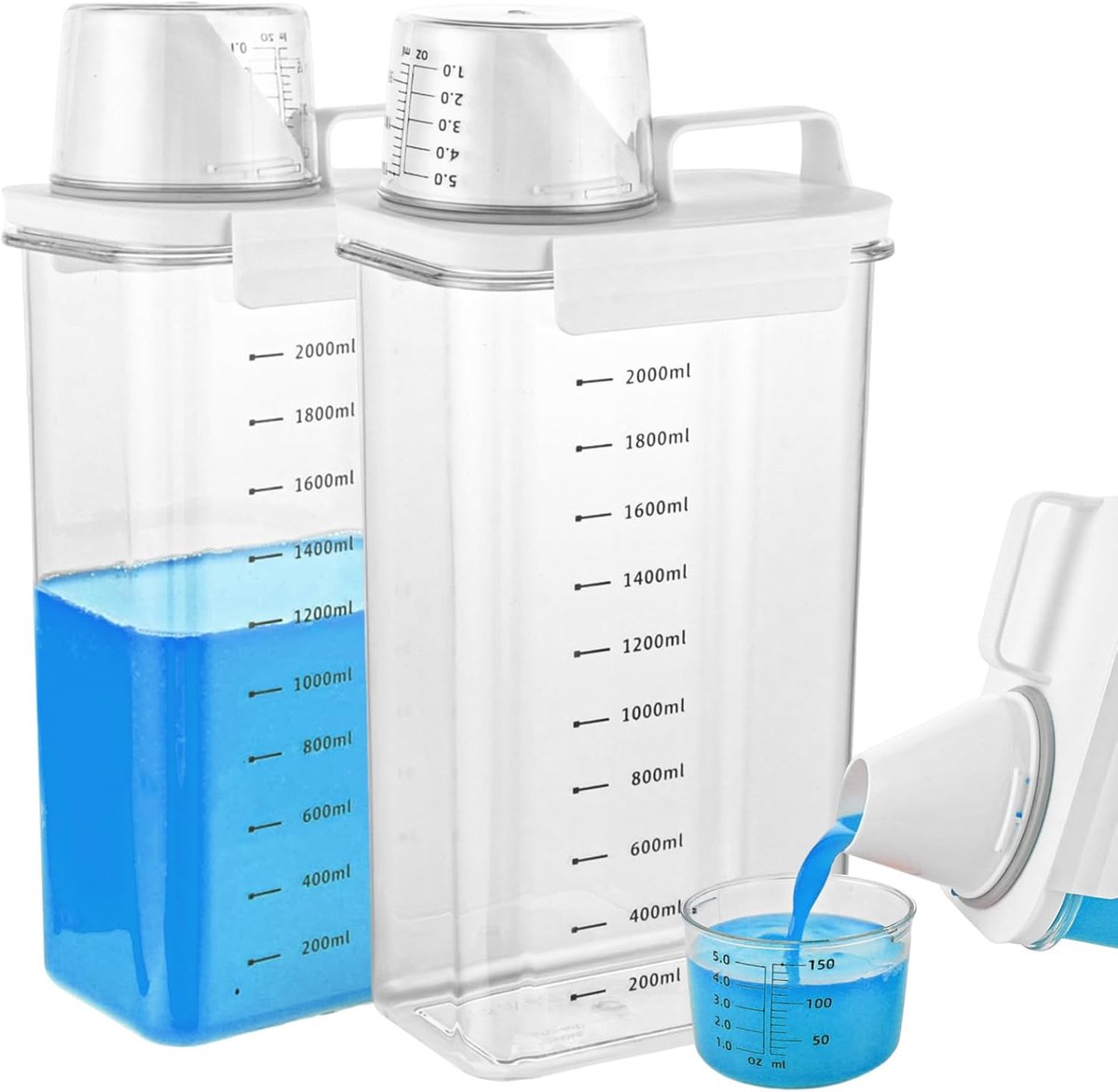 SnelShoppen - Set van 2 Vloeibare Wasmiddel Dispenser - 2300 ml - Luchtdicht met Maatbeker - Transparante Liquid Containers voor Wasmiddel, Poeder, Ge