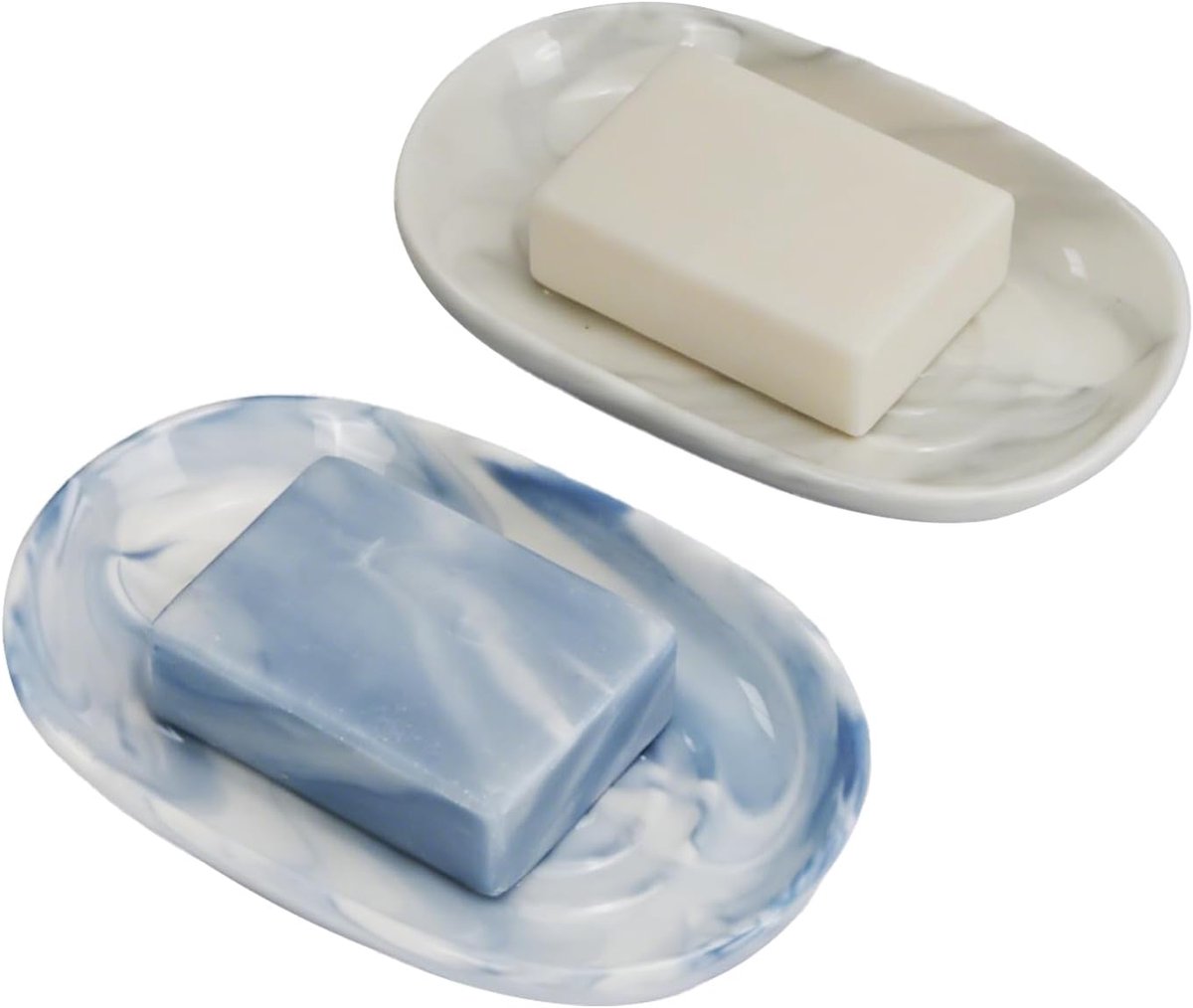 SnelShoppen - Soap dish keramiek, ovaal, marmerlook, 2 stuks | Antislip, eenvoudig te reinigen, grijs en blauw, voor wastafel, douche, badkamer en keu