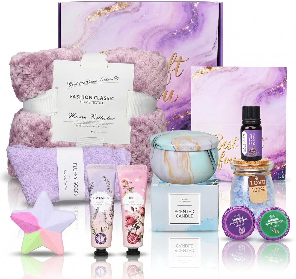 SnelShoppen - Luxe Lavendel Wellness Cadeaumand voor Vrouwen - Herstelgeschenk met Flanellen Deken, Perfect voor Valentijnsdag, Verjaardag of Verwenmo