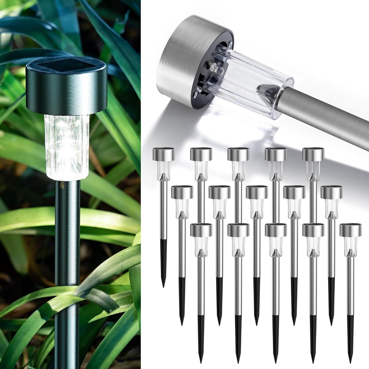 Thijox - 16 Stuks Solar Lampen voor Buiten - LED Tuinverlichting - Waterdichte Zonne-Padverlichting - Roestvrij Staal - Wit - Ideaal voor Tuin, Terras